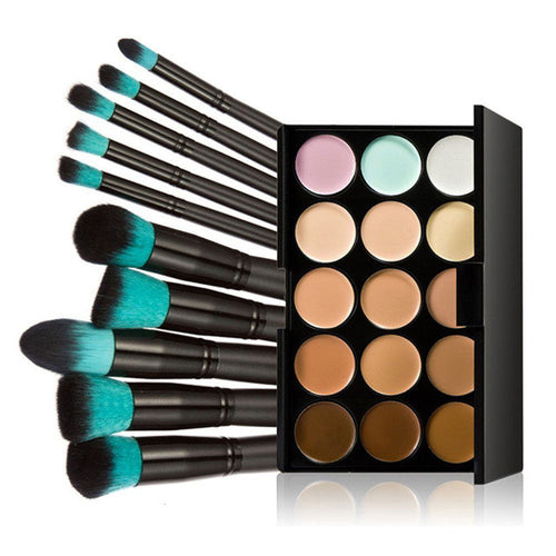 10pcs Makeup Brushes Set Powder Foundation Eyeshadow Tool +15 Colors Concealer charm all day long pinceis ovais Anne