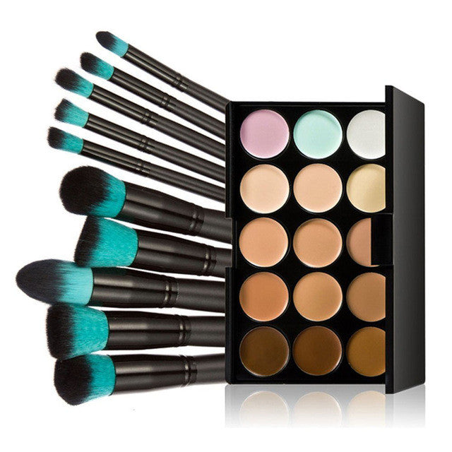 10pcs Makeup Brushes Set Powder Foundation Eyeshadow Tool +15 Colors Concealer charm all day long pinceis ovais Anne