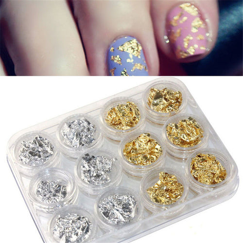 12 PCS Nail Art Gold Silver Paillette Flake Chip Foil DIY Acrylic UV Gel Pager Easy to apply on natural or artificial nails Anne