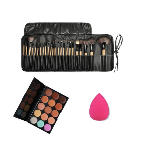 15 Color Concealer Palette + Sponge Puff + 24 PCS Cosmetic makeup brushes Wood,Fiber Hair Material Anne