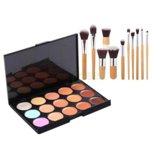 15 Colors Face Concealer Camouflage Cream Contour Palette +11pcs makeup brushes Set Bamboo Powder Blending Brush Cosmetic tools