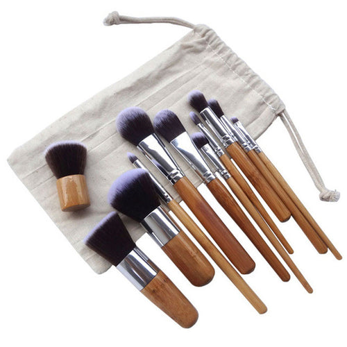 2017 Quality Guarantee 11pcs Bamboo Brush Beige Linen Bag Beauty Tools pincel maquiagem profissional Anne