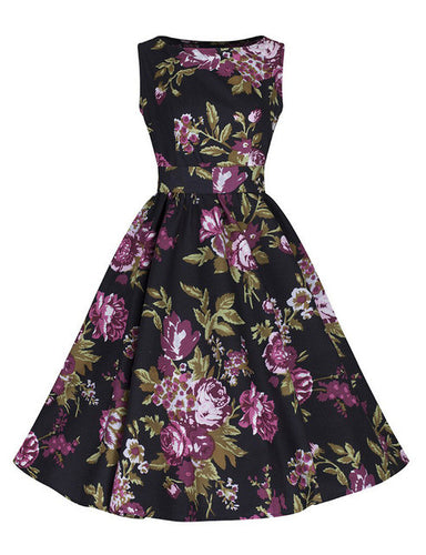 2017 Vintage Purple Floral Print Dress Sleeveless O-Neck Swing Dress Women Cocktail Party Dresses Vestidos