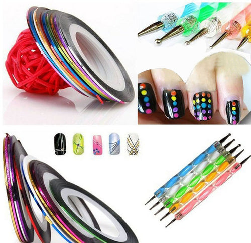 5 X 2 Way Marbleizing Dotting Pen Set for Nail Art Manicure Pedicure 10 Color Rolls Nail Art Decoration Tape