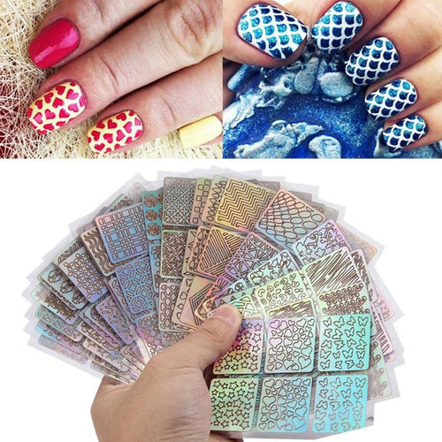 9*7cm 24 Sheets New Nail Hollow Irregular Grid Stencil Reusable Manicure Stickers Stamping Template Nail Art Tools Anne