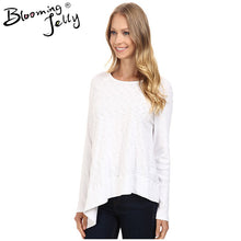 Angled Hem Crew Neckline White Knitted Cotton Top Women'S 2016 Loose Blouse Women Tops And Blouses 2016 Fashion