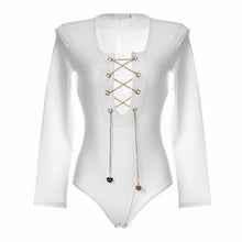 Autumn Lace Up Bodysuit Sexy Black Red White Long Sleeve Women Jumpsuit Bodysuits Overalls White Gold Chain tie up cross criss