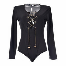 Autumn Lace Up Bodysuit Sexy Black Red White Long Sleeve Women Jumpsuit Bodysuits Overalls White Gold Chain tie up cross criss