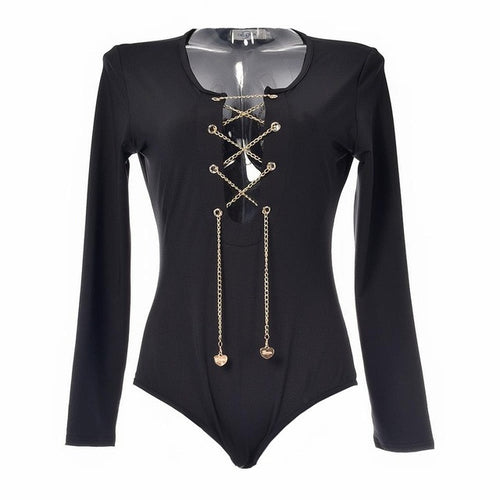 Autumn Lace Up Bodysuit Sexy Black Red White Long Sleeve Women Jumpsuit Bodysuits Overalls White Gold Chain tie up cross criss