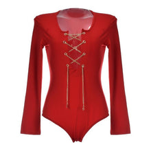 Autumn Lace Up Bodysuit Sexy Black Red White Long Sleeve Women Jumpsuit Bodysuits Overalls White Gold Chain tie up cross criss