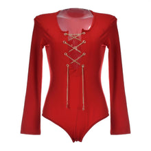 Autumn Lace Up Bodysuit Sexy Black Red White Long Sleeve Women Jumpsuit Bodysuits Overalls White Gold Chain tie up cross criss