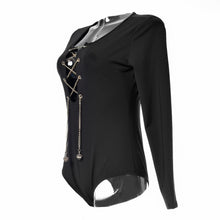 Autumn Lace Up Bodysuit Sexy Black Red White Long Sleeve Women Jumpsuit Bodysuits Overalls White Gold Chain tie up cross criss