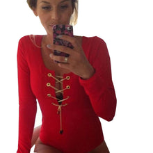 Autumn Lace Up Bodysuit Sexy Black Red White Long Sleeve Women Jumpsuit Bodysuits Overalls White Gold Chain tie up cross criss
