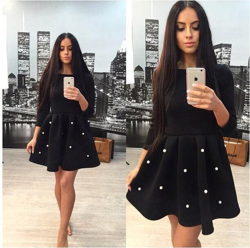 Autumn Pearl Princess Dress for Women Three Quarter Sleeve Casual Ladies Pleated Skater Dress Black Mint Green Vestidos