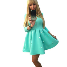 Autumn Pearl Princess Dress for Women Three Quarter Sleeve Casual Ladies Pleated Skater Dress Black Mint Green Vestidos