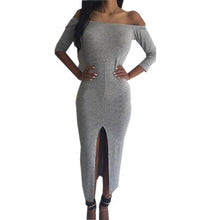 Autumn Sexy Women Dress Split Midi Dress Slim Vestidos Slash Neck Grey Pencil Robe Runway Night Club Wear 2015