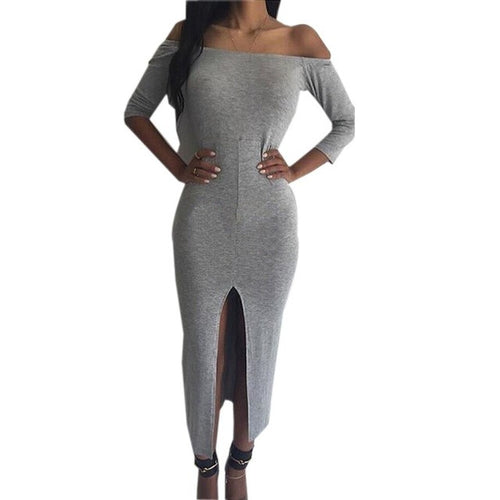 Autumn Sexy Women Dress Split Midi Dress Slim Vestidos Slash Neck Grey Pencil Robe Runway Night Club Wear 2015