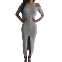 Autumn Sexy Women Dress Split Midi Dress Slim Vestidos Slash Neck Grey Pencil Robe Runway Night Club Wear 2015
