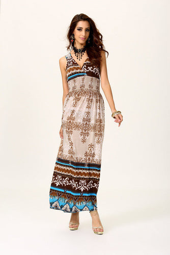 Back Crochet Flower Pattern Boho Tribal Print Floral Striped Bohemian Summer Longuette For Vacation Women Long Maxi Dress Beach