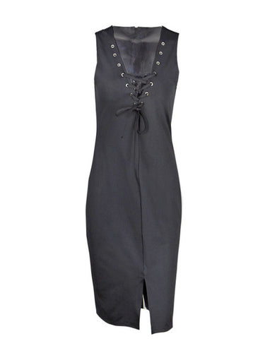 Back Zipper Front Lace Up Front Slit Split Bodycon Pencil Sleeveless Summer Club Dress Party Knee Length Ladies Women Clothing