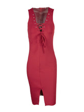 Back Zipper Front Lace Up Front Slit Split Bodycon Pencil Sleeveless Summer Club Dress Party Knee Length Ladies Women Clothing