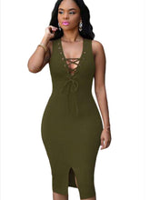 Back Zipper Front Lace Up Front Slit Split Bodycon Pencil Sleeveless Summer Club Dress Party Knee Length Ladies Women Clothing