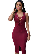 Back Zipper Front Lace Up Front Slit Split Bodycon Pencil Sleeveless Summer Club Dress Party Knee Length Ladies Women Clothing