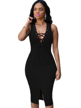 Back Zipper Front Lace Up Front Slit Split Bodycon Pencil Sleeveless Summer Club Dress Party Knee Length Ladies Women Clothing