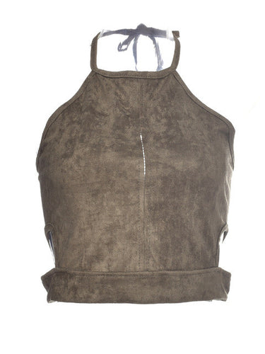 Back Zipper Suede Halter Crop Top Short Top Cropped Fake Leather Short Bustier Top Spaghetti Strap Top Vest Sleeveless Tank 2016