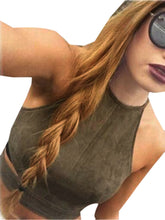 Back Zipper Suede Halter Crop Top Short Top Cropped Fake Leather Short Bustier Top Spaghetti Strap Top Vest Sleeveless Tank 2016