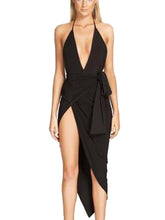 Backless Halter Wrap Spaghetti Strap High Side Slit Sexy Women Dress With Belt Bowknot Asymmetrical 2016 Fashion Party Club