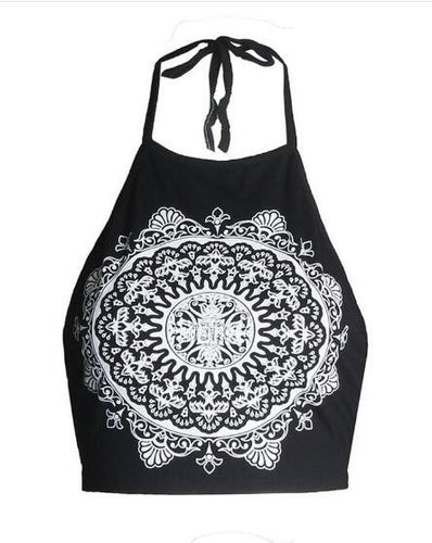 Backless Tribal Print Pattern Halter Sleeveless Summer Short Crop Top Cropped Spaghetti Strap Top Vest Fitness High Neck