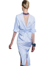 Backward Blue Vertical Striped Ruched Tie Up Open Back Dress Slit Dress 2016 Fashion Women Summer Designer Shirt Dress Runway