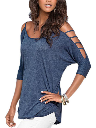 Batwing Shirt Off Shoulder Strappy Hollow Out Loose Blouse femme 2016 Cotton Navy Blue Womans Casual Summer Blouse Fashion