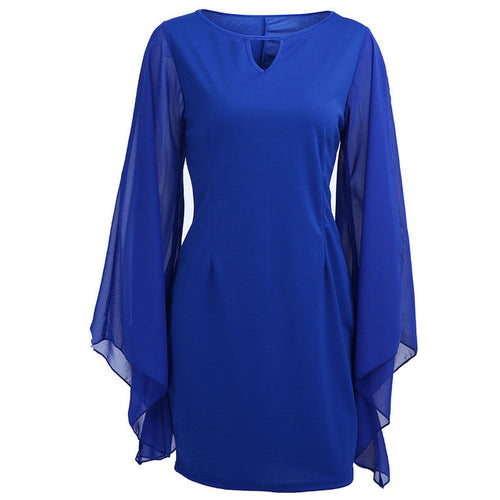 Bell See Through Sleeve Bodycon Party Prom Elegant Dresses Chiffon Sheer Flare Sleeve Women Mini White Blue Lady Circle Open