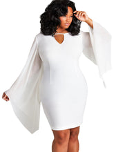 Bell See Through Sleeve Bodycon Party Prom Elegant Dresses Chiffon Sheer Flare Sleeve Women Mini White Blue Lady Circle Open
