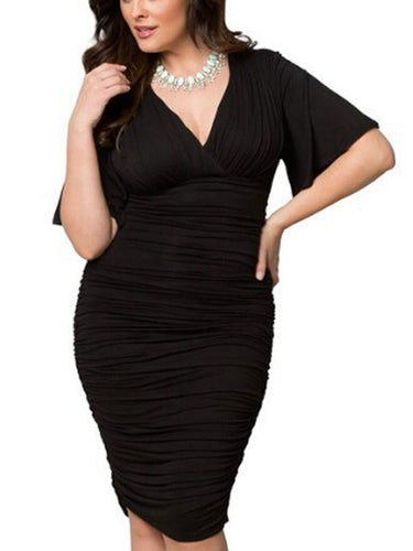 Big Size Wrap Short Sleeve Bandage Pencil Dress V Neck High Waist Plus Size Women Clothing Polyester Office Work New Arrivals