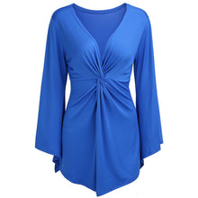 Big Size Xxl Bell Flare Elegant Lady Front Slit Ruched Long Blouse V Neck Fashion Blue 2016 Summer Top Oversized Lady