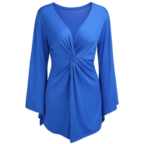 Big Size Xxl Bell Flare Elegant Lady Front Slit Ruched Long Blouse V Neck Fashion Blue 2016 Summer Top Oversized Lady