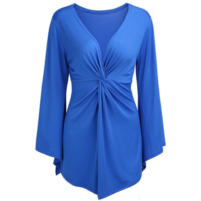 Big Size Xxl Bell Flare Elegant Lady Front Slit Ruched Long Blouse V Neck Fashion Blue 2016 Summer Top Oversized Lady