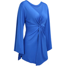 Big Size Xxl Bell Flare Elegant Lady Front Slit Ruched Long Blouse V Neck Fashion Blue 2016 Summer Top Oversized Lady
