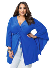 Big Size Xxl Bell Flare Elegant Lady Front Slit Ruched Long Blouse V Neck Fashion Blue 2016 Summer Top Oversized Lady