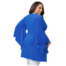 Big Size Xxl Bell Flare Elegant Lady Front Slit Ruched Long Blouse V Neck Fashion Blue 2016 Summer Top Oversized Lady