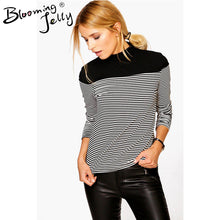 Black And White Striped Shirt Patchwork High Neck Blouse Knitted Long Sleeve Top Women Tops And Blouses 2016 New