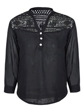 Black Floral Lace Blouse Sleeve V Neck Blouse Sheer Top Chiffon Blouse Long Sleeve Casual Button Up Black Patchwork 2016