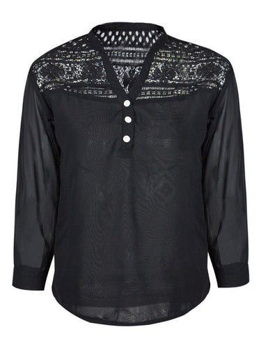 Black Floral Lace Blouse Sleeve V Neck Blouse Sheer Top Chiffon Blouse Long Sleeve Casual Button Up Black Patchwork 2016