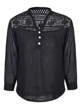 Black Floral Lace Blouse Sleeve V Neck Blouse Sheer Top Chiffon Blouse Long Sleeve Casual Button Up Black Patchwork 2016