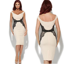 Black Lace Pattern Patchwork V Neck Bodycon Midi Women Dress High Waist Low Cut 2016 Women Spring Fashion High Quality Dress