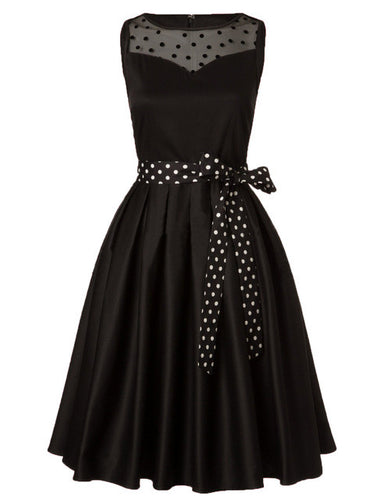 Black Polka Dot Mesh Patchwork Swing Dress Sleeveless O-Neck Belted Dress Vintage Cocktail Party Dresses Vestidos 2017