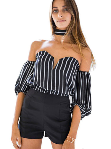 Black Striped Elegant Halter Bow Chiffon Blouse Shirt Sexy Off Shoulder Girls Summer Blusas Women Cool Crop Tops 2016 Casual